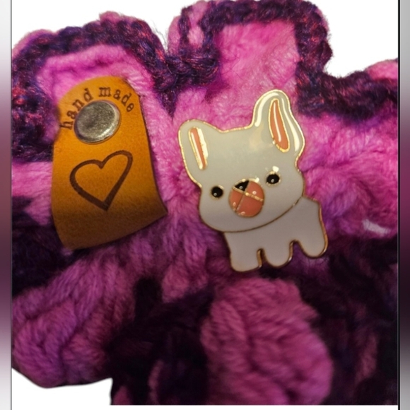 Handmade Crochet Floral Key chain Purple Dog Enamel Pin White Frenchie Puppy Pin - Picture 4 of 17